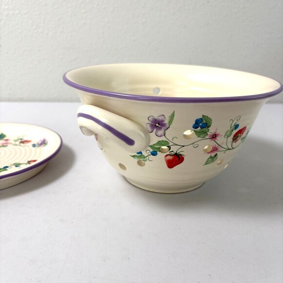 Strawberry Blueberry Fruit Flower Ceramic Colander with Tray Cottage Farmhouse - Picture 5 of 11